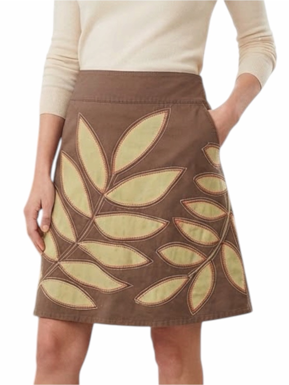 Boden Brown Leaf Applique Embroidered A-Line Cotton Skirt with Pockets Size 10
